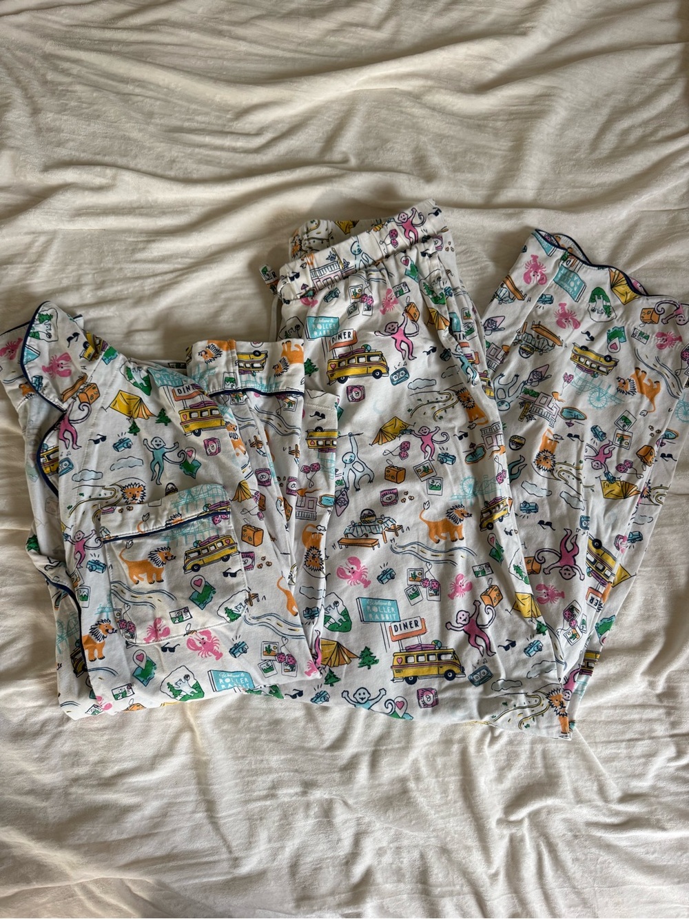 Roller Rabbit White Kids Pajama Set with Colorful Adventure Icons